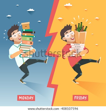 Students week concept. Overwhelmed student with pile of books VS happy relaxing student with pile of pizzas and beer bottles. Vector colorful illustration in flat style