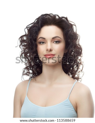 portrait of attractive  caucasian  woman brunette isolated on white studio shot skin face hair lips head and shoulders