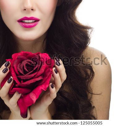 portrait of attractive  caucasian  woman brunette isolated on white studio shot red rose flower