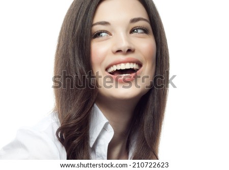 closeup portrait of attractive  caucasian smiling woman brunette isolated on white studio shot lips toothy smile face hair head and shoulders tooth