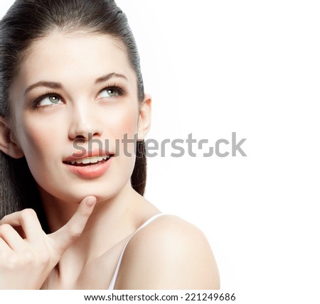 closeup portrait of attractive  caucasian smiling woman brunette isolated on white studio shot lips face hair head and shoulders looking up