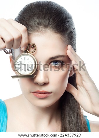 closeup portrait of attractive  caucasian  woman brunette isolated on white studio shot lips  face hair head and shoulders looking at camera time watches
