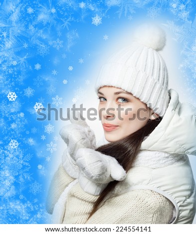 closeup portrait of attractive  caucasian smiling woman brunette isolated on white studio shot lips  face hair head and shoulders looking at camera warm clothing winter christmas