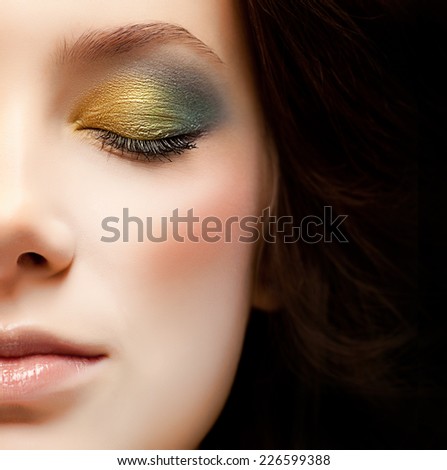 closeup portrait of attractive  caucasian  woman brunette isolated on white studio shot lips eyes closed make up face closeup