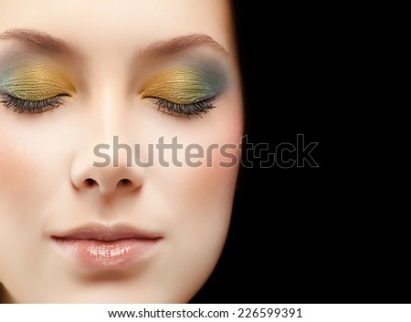 closeup portrait of attractive  caucasian woman  studio shot lips  face closeup  head makeup eyes closed