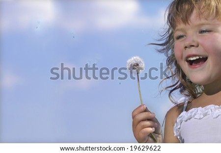 happy little girl with dandelion on blue sky outdoors, smiling, happy, positive, face, head and shoulders, summer