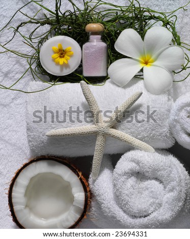 spa beauty exotic tropical flowers sea shells  towels salt soap