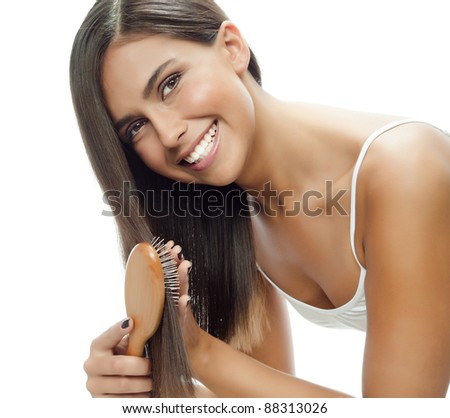 attractive smiling woman portrait on white background long hair brunette