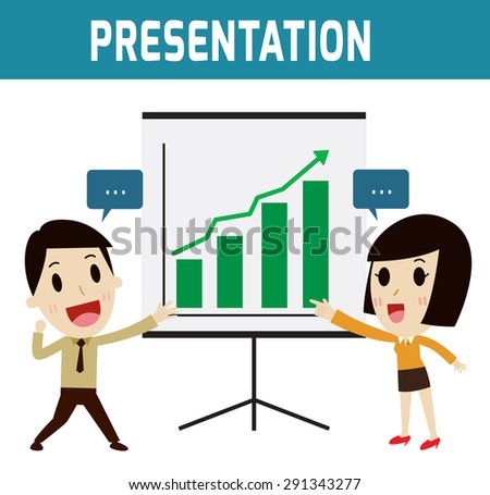 Presentation of businessman and business woman or people standing and presentation profitability. Concept training. Flat icon character modern design style vector illustration concept.