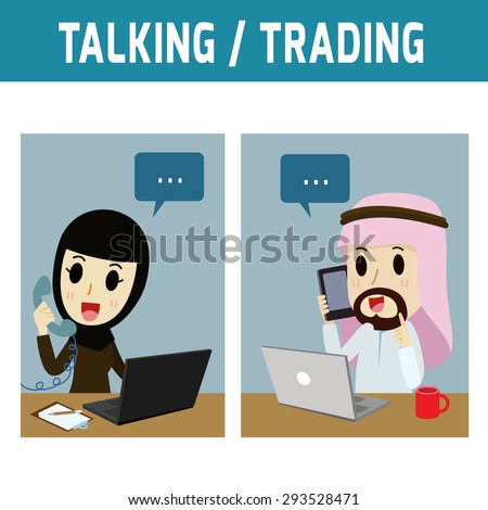 talking. arab businessman call phone arab woman\
Concept of business,\
people or Middle Eas, muslim, character.\
Flat icon modern design style vector illustration concept.