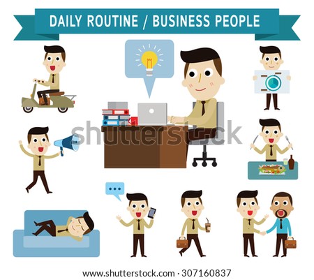 daily routine.\
set of full body business people.\
people character cartoon concept.\
flat modern icons design illustration.\
on white background.
