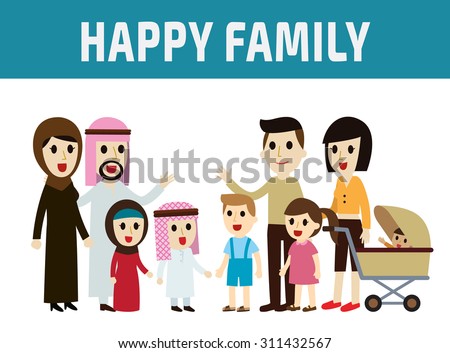 arab family and asian family.\
parents character cartoon concept.\
full body diverse people.\
Different nationalities and dress styles.\
flat modern design. on white background.