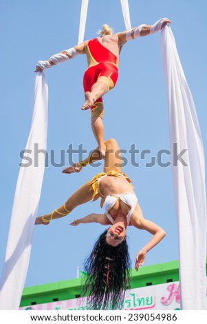 December 20, 2014 in Bangkok.People show gymnastics street performers at Siam street fest 2014 ,