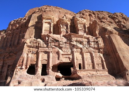 Treasury in ancient city of Petra in Jordan. It was carved out of a single rocks. It is now an UNESCO World Heritage Site. Petra, Jordan
