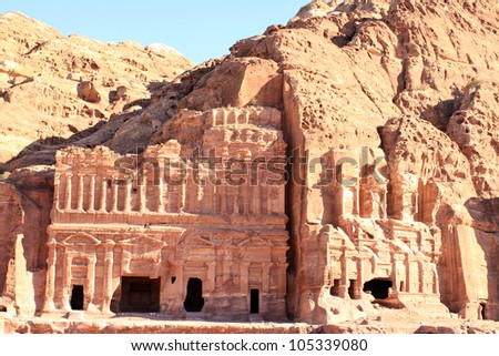 Treasury in ancient city of Petra in Jordan. It was carved out of a single rocks. It is now an UNESCO World Heritage Site. Petra, Jordan