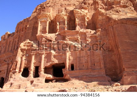 Petra, Lost rock city of Jordan. Petra\'s temples, tombs, theaters and other buildings are scattered over 400 square miles. UNESCO world heritage site and one of The New 7 Wonders of the World.