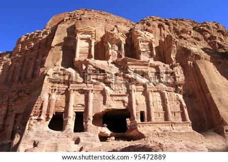 Petra, Lost rock city of Jordan. Petra\'s temples, tombs, theaters and other buildings are scattered over 400 square miles. UNESCO world heritage site and one of The New 7 Wonders of the World.