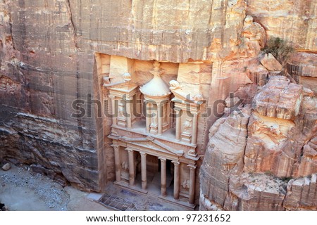 Petra, Lost rock city of Jordan. Petra's temples, tombs, theaters and other buildings are scattered over 400 square miles. UNESCO world heritage site and one of The New 7 Wonders of the World.