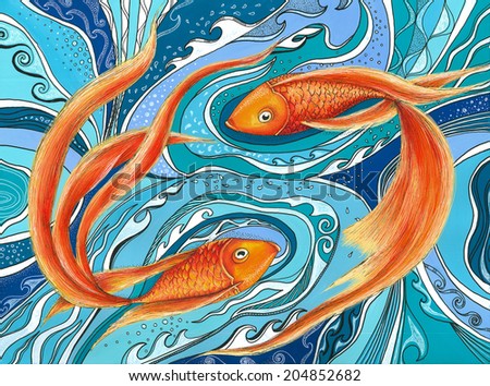 two golden fishes swimming in water / Just fishes / scan of a painting