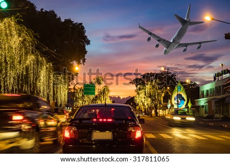 Traffic road capital car light and airplane flying festival beautiful at twilight time