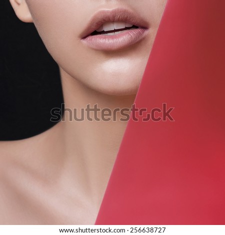 Perfect Lips. Girl Mouth close up. Beauty young woman. Natural plump full Lips. Close up detail. Sensual Open Mouth. Lipstick or Lip gloss. Red color