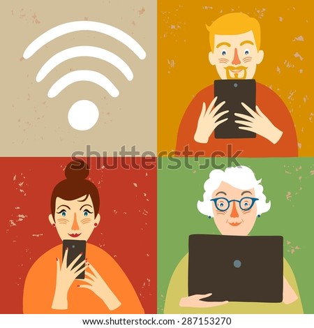 Set of cartoon people using internet connection with gadgets: phone, laptop, tablet. WIFI illustration