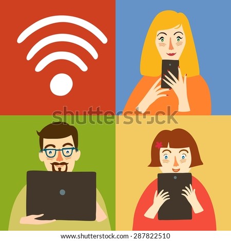 Set of cartoon people using internet connection with gadgets: phone, laptop, tablet. WIFI illustration