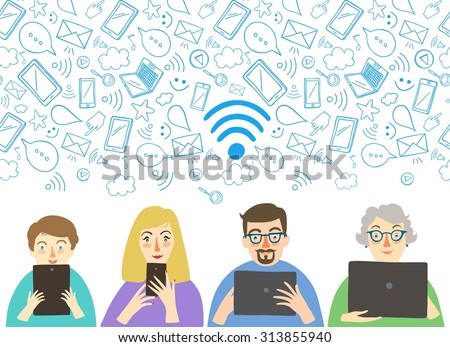 Set of cartoon people using internet connection with gadgets: phone, laptop, tablet. Vector poster