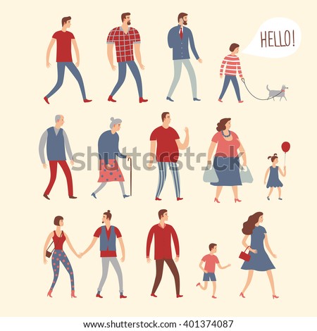 Set of cartoon people in various lifestyles and ages. Including businessman, man, woman, teenagers, children, seniors, couple. Characters illustrations for your design.