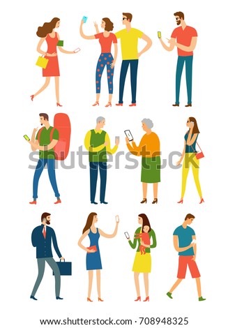 Big set of cartoon people in various lifestyles using their gadgets.  Characters and modern technologies illustrations.