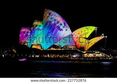 SYDNEY, AUSTRALIA - JUNE 7, 2014: Sydney Opera House during Vivid Sydney festival. Vivid Sydney is an outdoor annual cultural event featuring immersive light installations and projections.