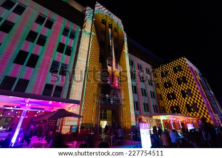 SYDNEY, AUSTRALIA - JUNE 7, 2014:  Museum of contemporary arts during Vivid Sydney festival. Vivid Sydney is an outdoor annual cultural event featuring immersive light installations and projections.