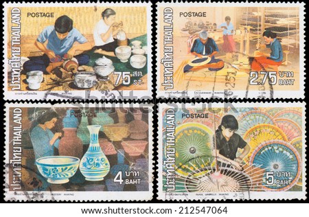 THAILAND - CIRCA 1982: stamps from Thailand, Silverware making, Lacquerware Making, Bottery Makink, Paper umbrella Making