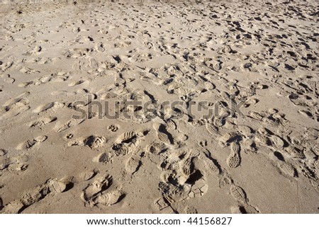 Shoe footprints in the sand in various directions.
