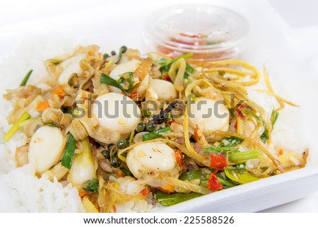 Spicy Stir Fried Scallops with rice in a box