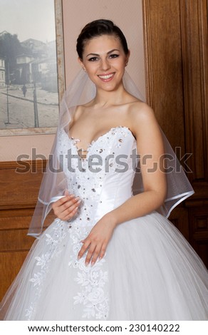 Indoor portrait of beautiful bride model with adorable smile, veil andand fashionable wedding dress.