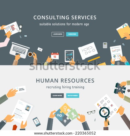 Set of Flat Style Designs. Business Concepts. Human Resources. Teamwork, Consulting, Planning, Brainstorming and Presentation Concepts Design. Marketing and Online Payments.