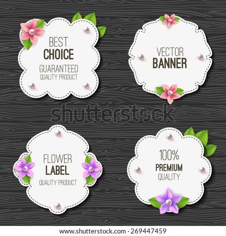 Set of banners with flowers, pearls and leaves. Spring or summer design. Vector label