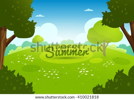 Summer flat landscape. Cartoon nature background. Meadow with flowers in the forest