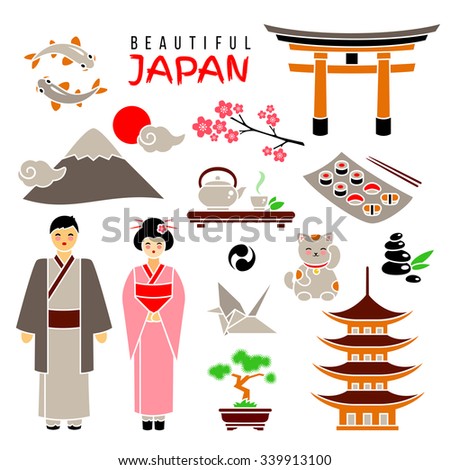 Japan Icon Set. Isolated Flat Icons On White Background. Travel Concept 