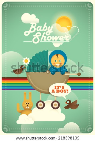 Baby shower poster with comic animals. Vector illustration.