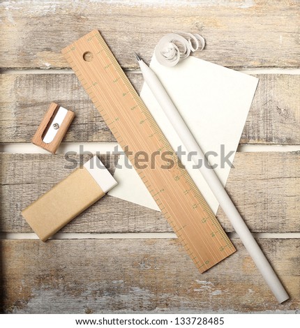 Natural materials study tool set on wooden background