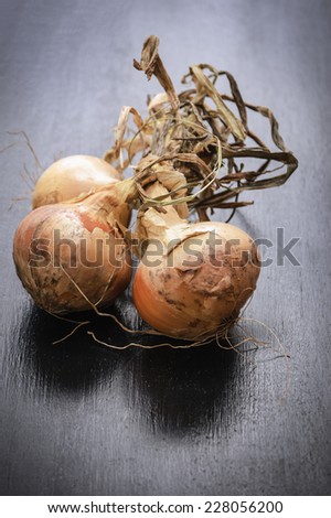 Rustic looking Onions on a dark wooden background.