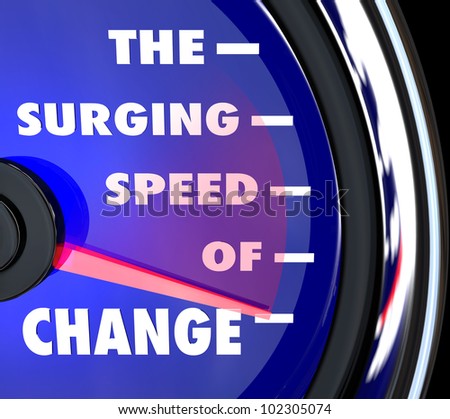 The words Surging Speed of Change on a blue speedometer with needle racing to represent the growing power and rapid pace of advancements and evolution