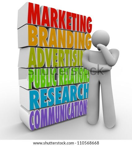 Marketing on Man Thinks Of A Marketing Plan Beside The Words That Represent