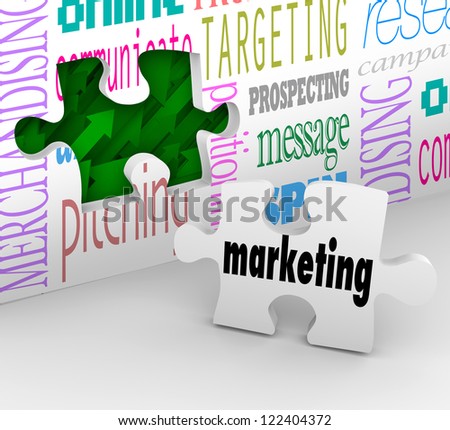 A puzzle piece with the word Marketing is your final answer completing your strategy to growing your business and achieving your goals for growth and success in your market