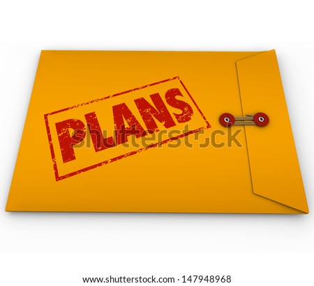 The word Plans on a yellow envelope to illustrate secret covert operations or other classified confidential planning information