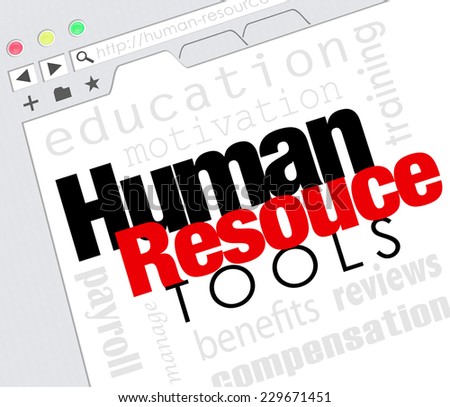 Human Resources words on a website internet screen including education, motivation, payroll, training, management, reviews and compensation