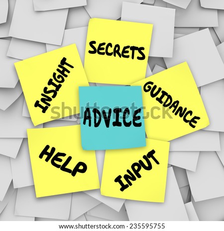 Advice words on sticky notes including insight, secrets, guidance, input and help to give you information on how to solve a challenge