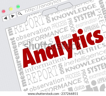Analytics word on an internet website screen to illustrate resources or tools to measure metrics of success for an advertising or other business campaign or project
